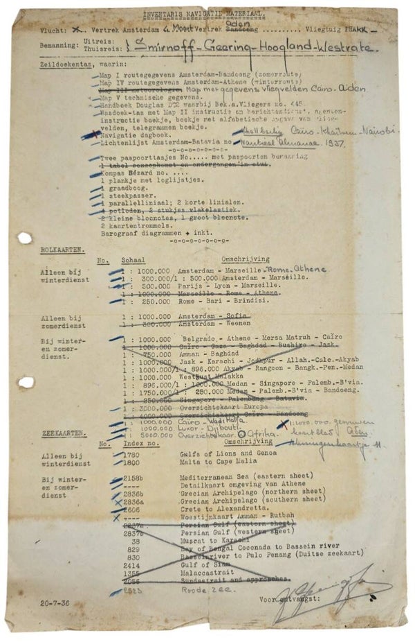 Document – KLM Inventaris navigatie materiaal Indië vlucht DC-2 Koetilang (1936)