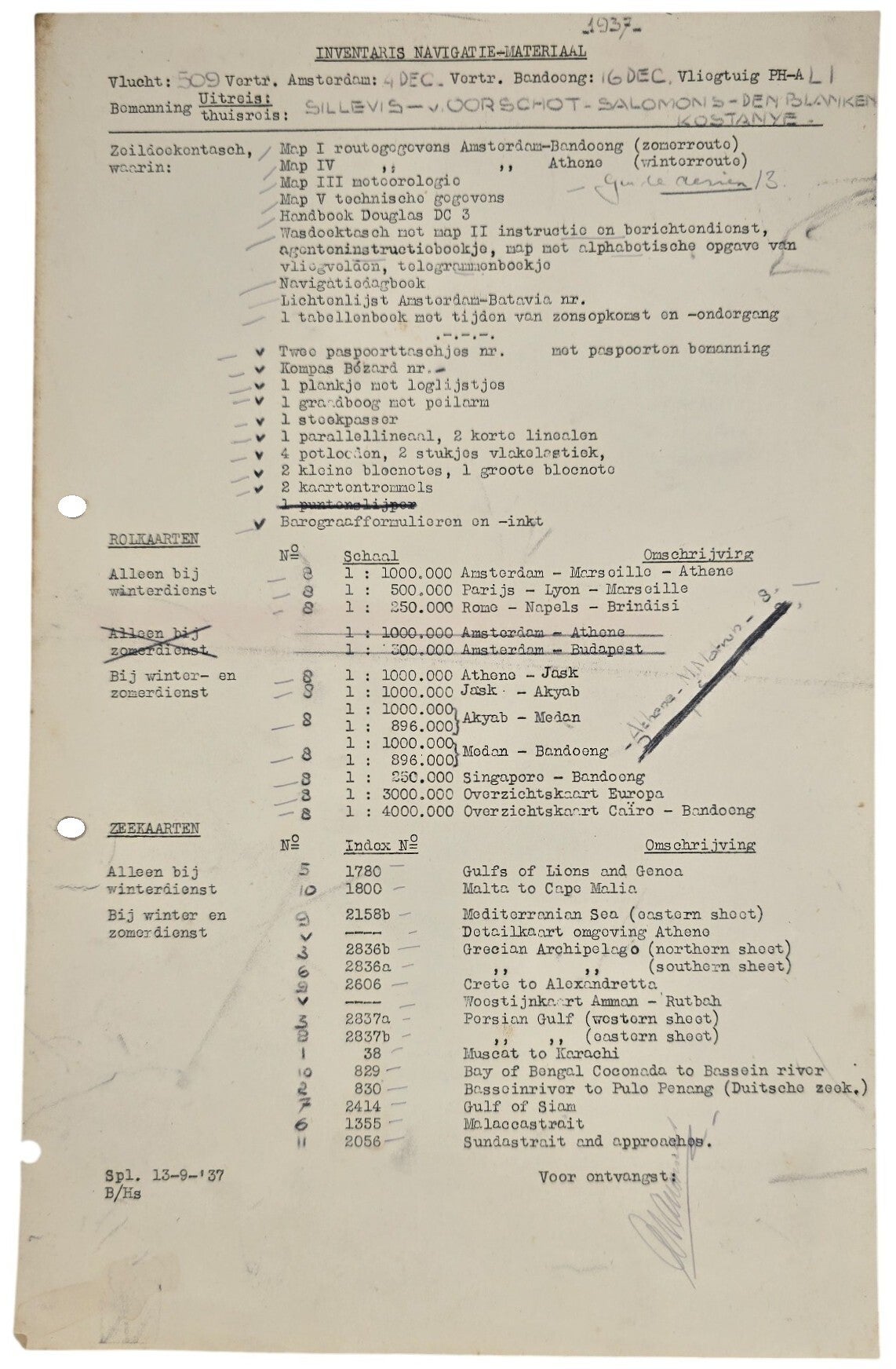 Document – KLM Inventaris navigatie materiaal Indië vlucht DC-3 Ibis (1937)