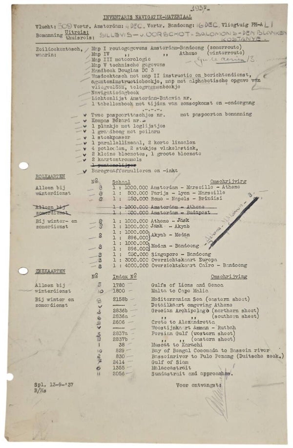 Document – KLM Inventaris navigatie materiaal Indië vlucht DC-3 Ibis (1937)
