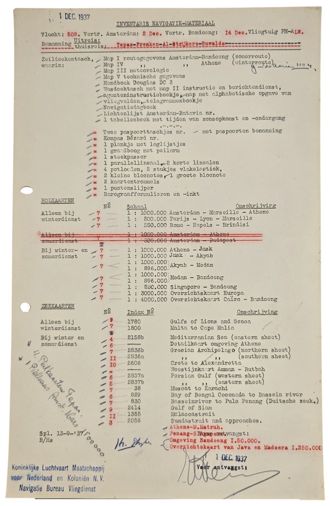 Document – KLM Inventaris navigatie materiaal Indië vlucht DC-3 Wielewaal (1937)