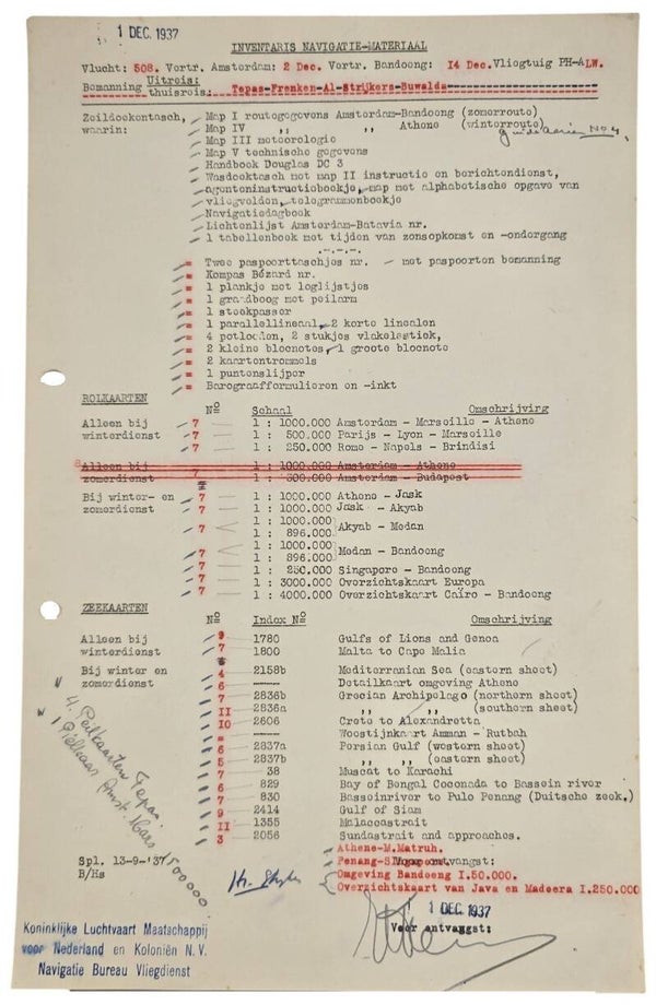 Document – KLM Inventaris navigatie materiaal Indië vlucht DC-3 Wielewaal (1937)