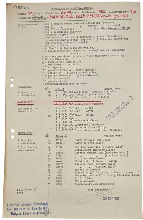 Document – KLM Inventaris navigatie materiaal Indië vlucht DC-3 Reiger (1937)