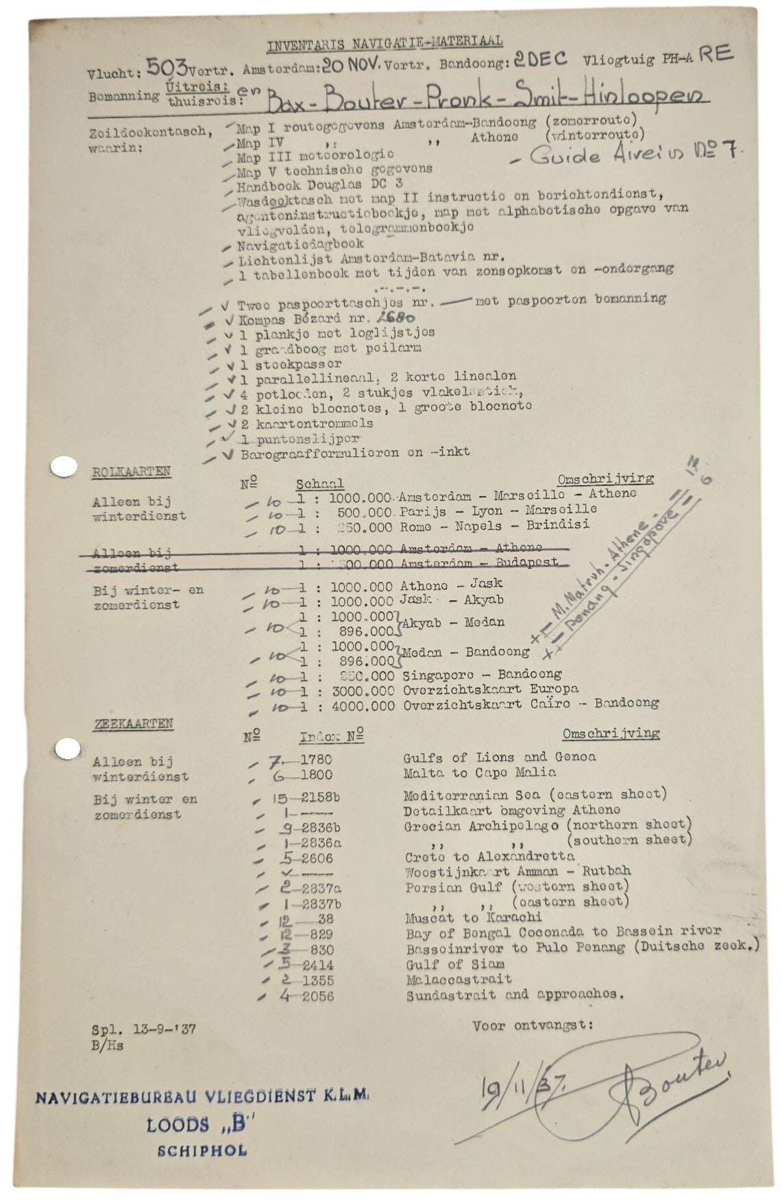 Document – KLM Inventaris navigatie materiaal Indië vlucht DC-3 Ekster (1937)