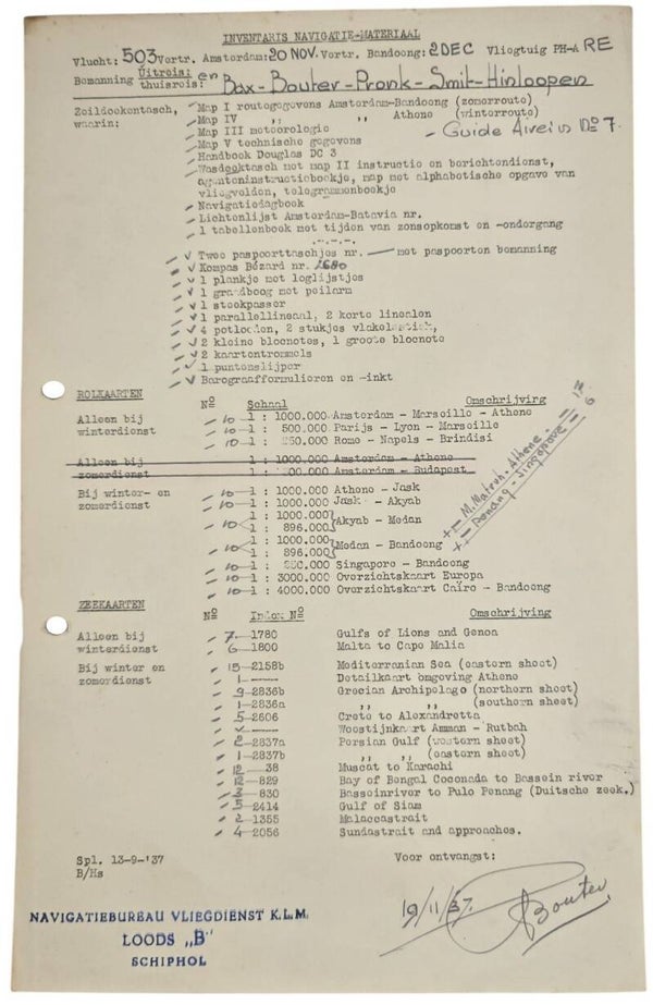 Document – KLM Inventaris navigatie materiaal Indië vlucht DC-3 Ekster (1937)