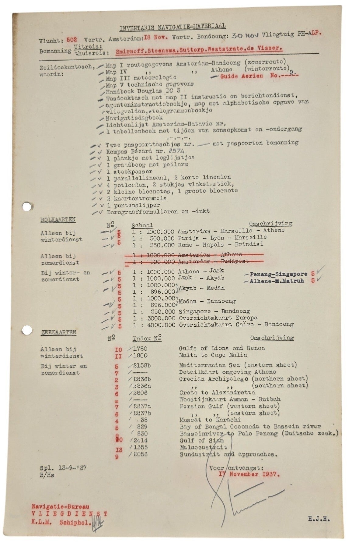 Document – KLM Inventaris navigatie materiaal Indie vlucht DC-3 Pluvier (1937)