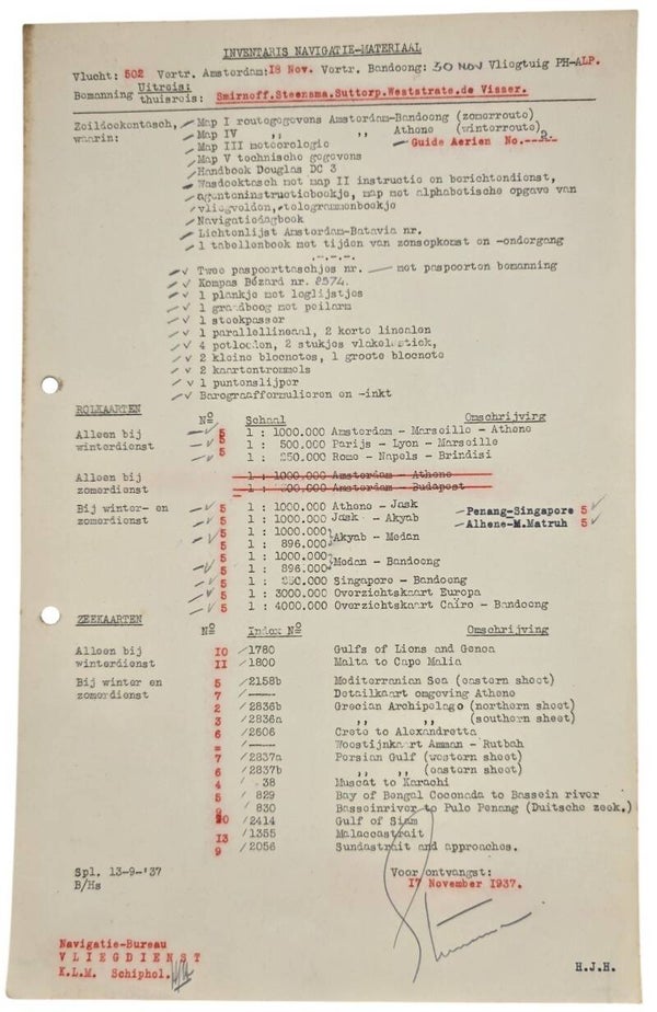 Document – KLM Inventaris navigatie materiaal Indie vlucht DC-3 Pluvier (1937)