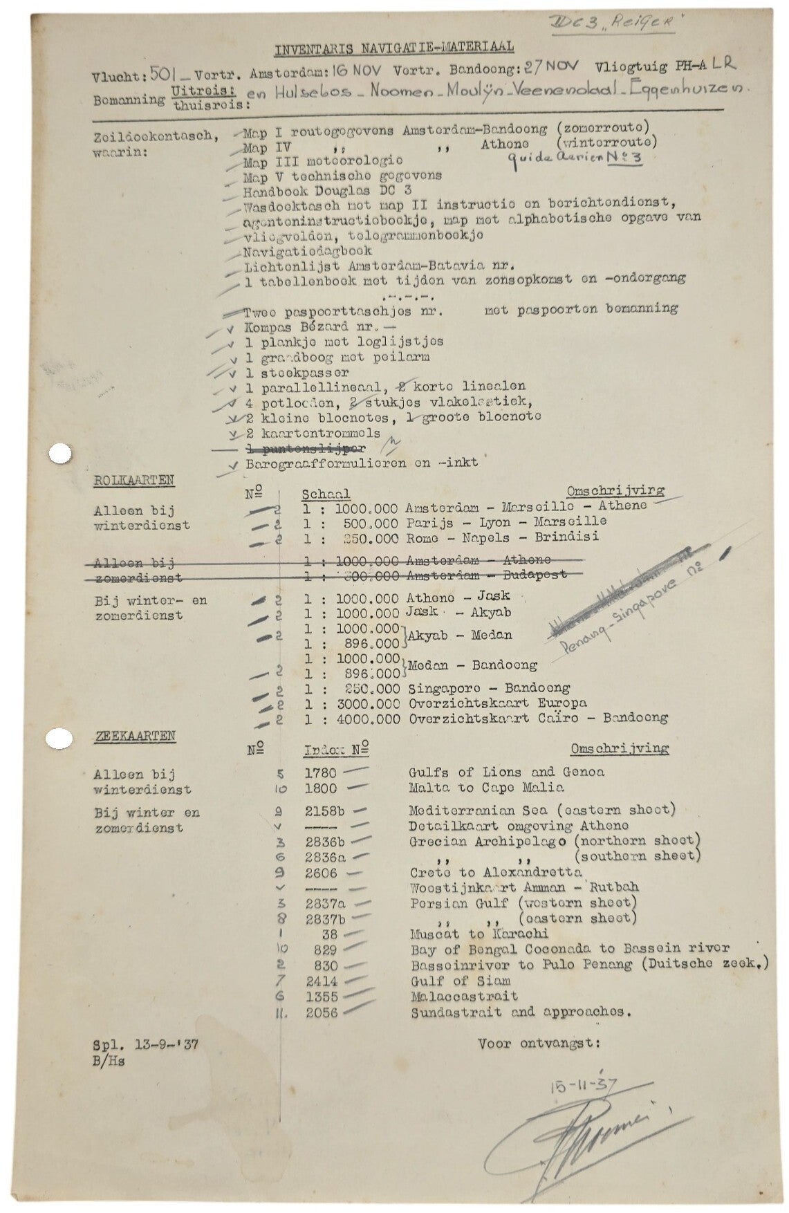 Document – KLM Inventaris navigatie materiaal Indie vlucht DC-3 Reiger (1937)
