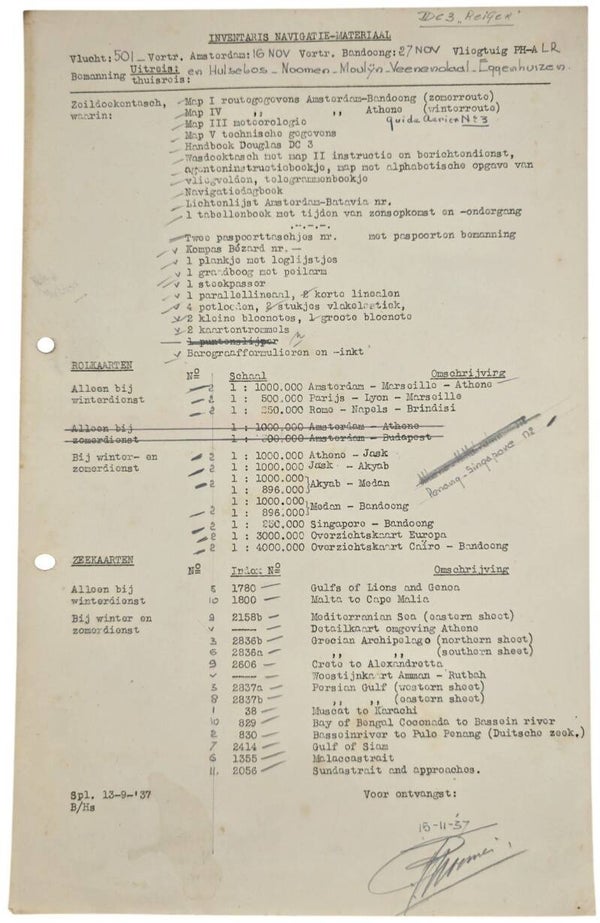 Document – KLM Inventaris navigatie materiaal Indie vlucht DC-3 Reiger (1937)
