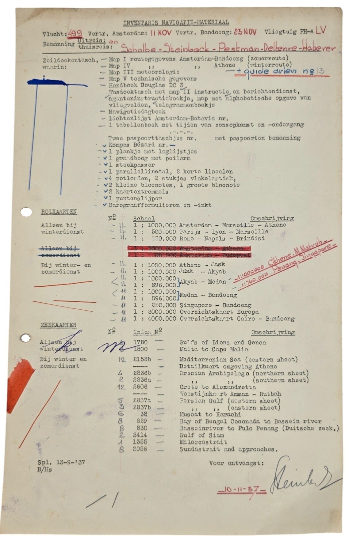 Document – KLM Inventaris navigatie materiaal Indie vlucht DC-3 Valk (1937)