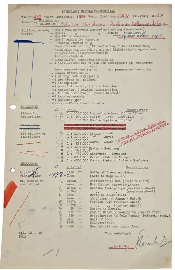 Document – KLM Inventaris navigatie materiaal Indie vlucht DC-3 Valk (1937)