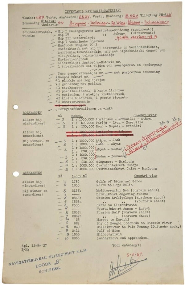 Document – KLM Inventaris navigatie materiaal Indie Vlucht DC-3 Wielewaal (1937)
