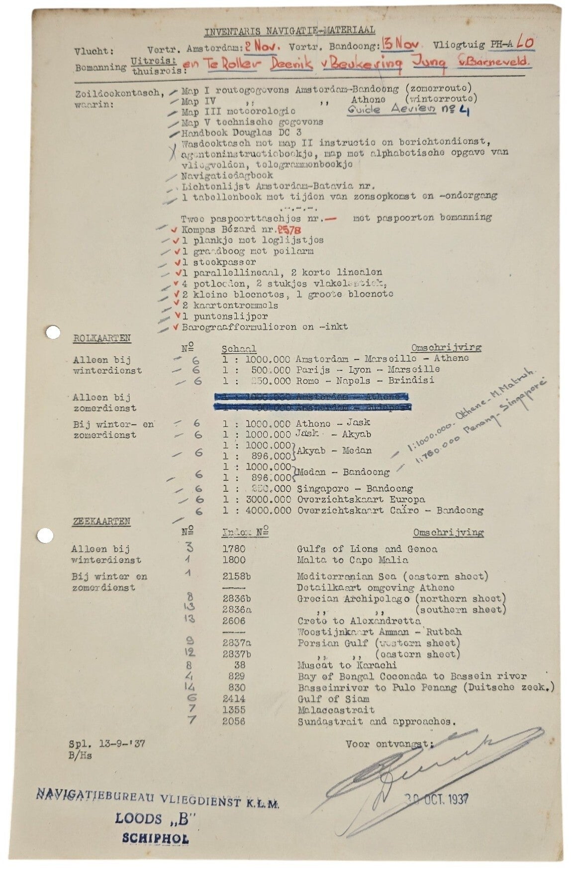 Document – KLM Inventaris navigatie materiaal Indie vlucht DC-3 Ooievaar (1937)
