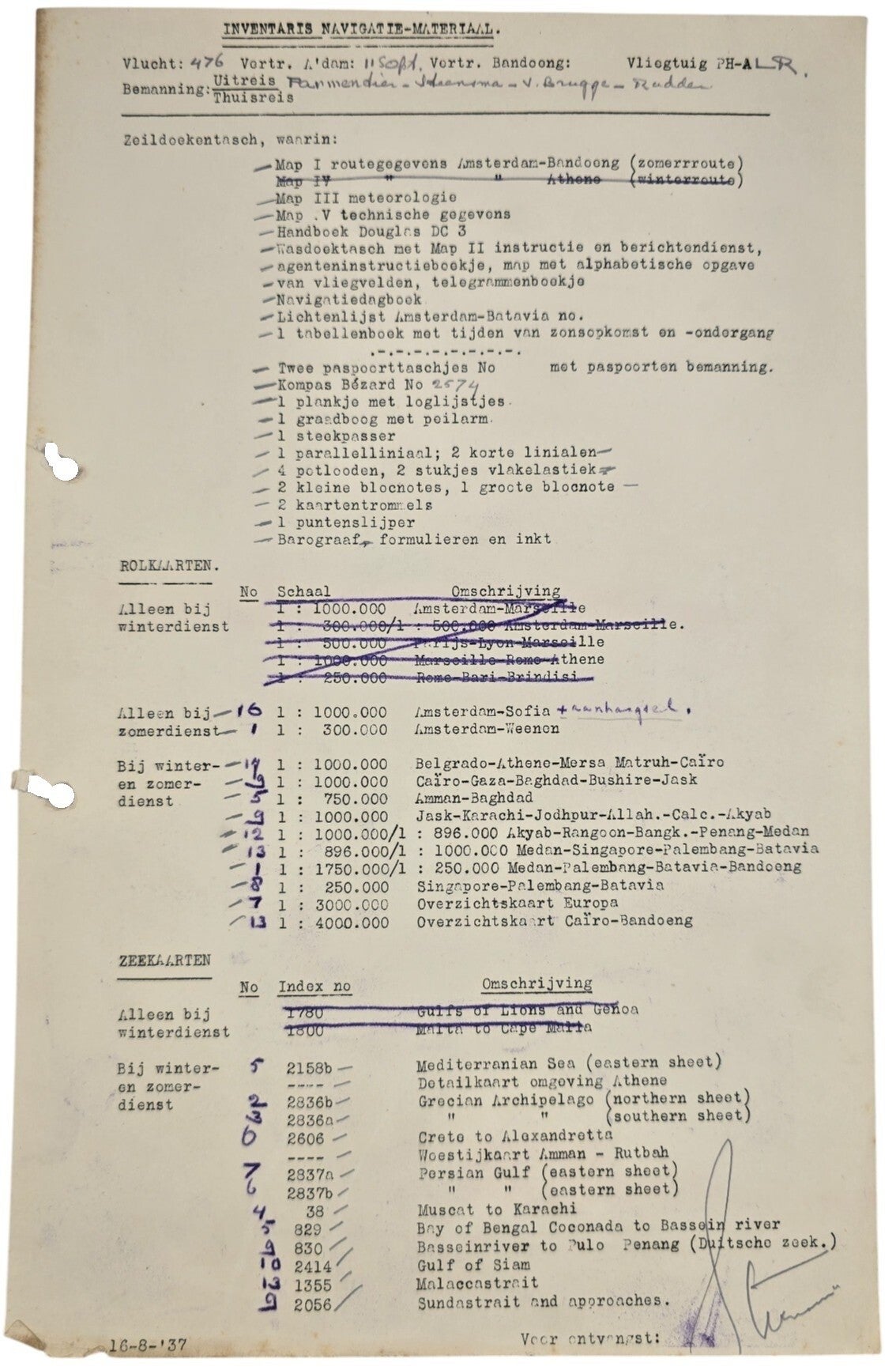 Document – KLM Inventaris navigatie materiaal Indie vlucht DC-3 Reiger (1937)
