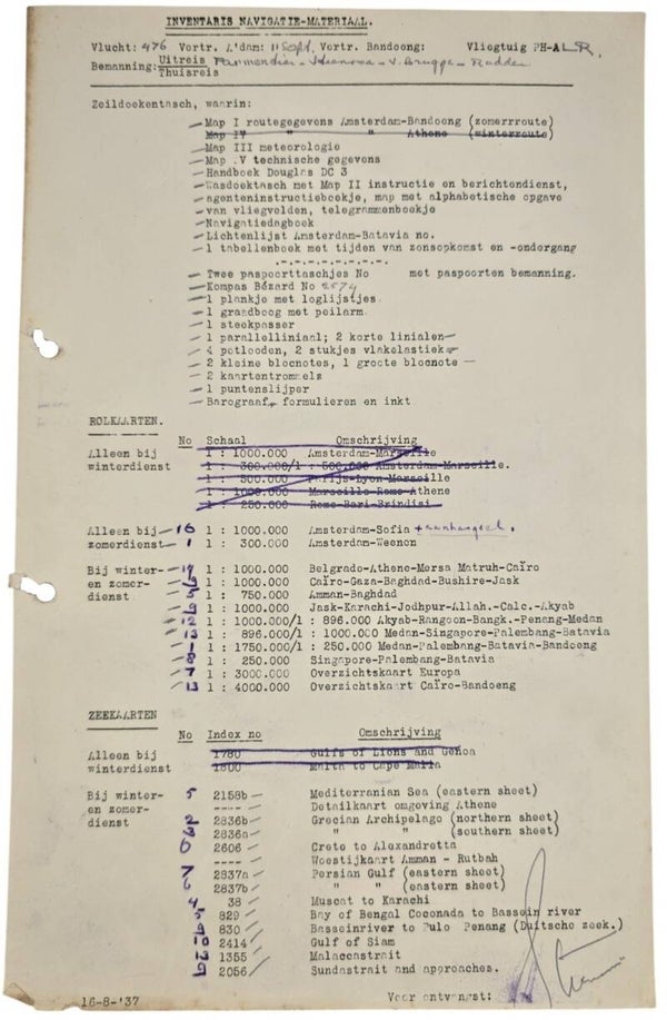 Document – KLM Inventaris navigatie materiaal Indie vlucht DC-3 Reiger (1937)