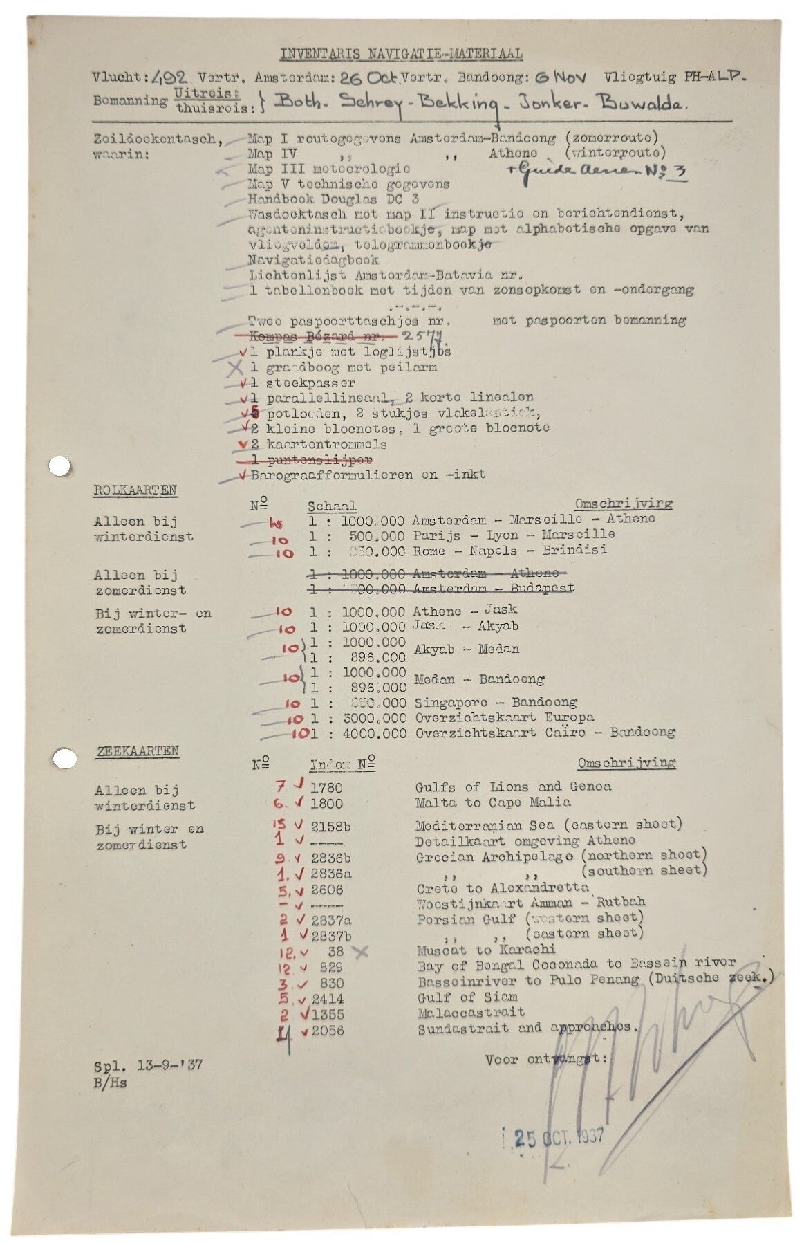 Document – KLM Inventaris navigatie materiaal Indie vlucht DC-3 Pluvier (1937)
