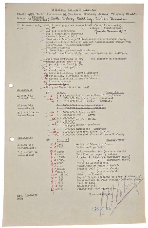 Document – KLM Inventaris navigatie materiaal Indie vlucht DC-3 Pluvier (1937)