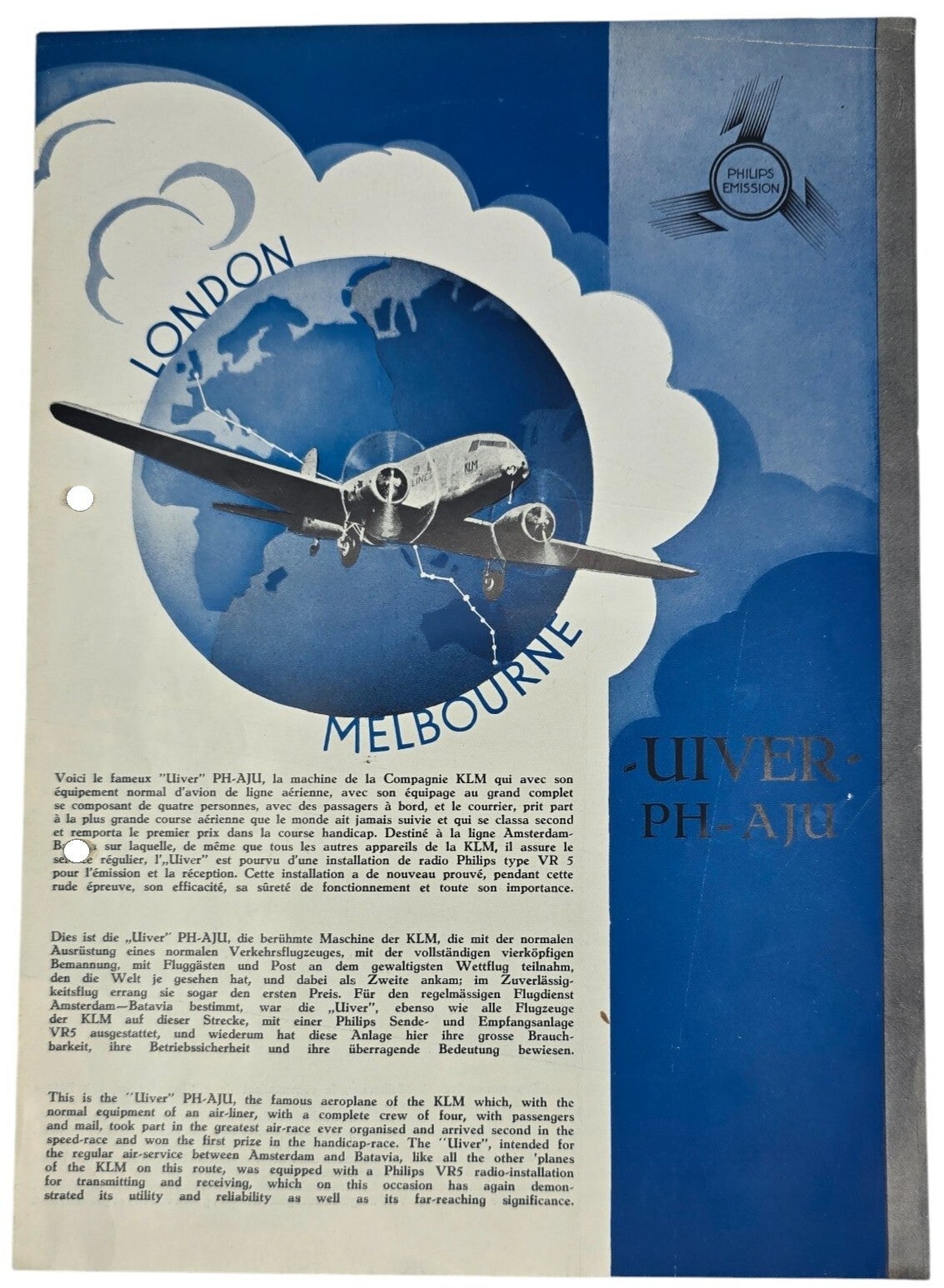 Flyer – Uiver PH-AJU London Melbourne, Philips Emission (1934)