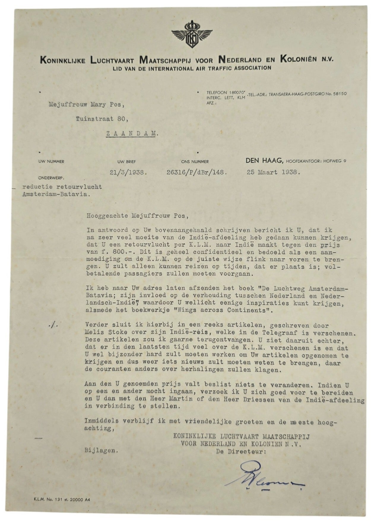 Document – Gesigneerde brief Albert Plesman aan Many Pos betreffende reductie KLM retourvlucht Amsterdam–Batavia (1938)