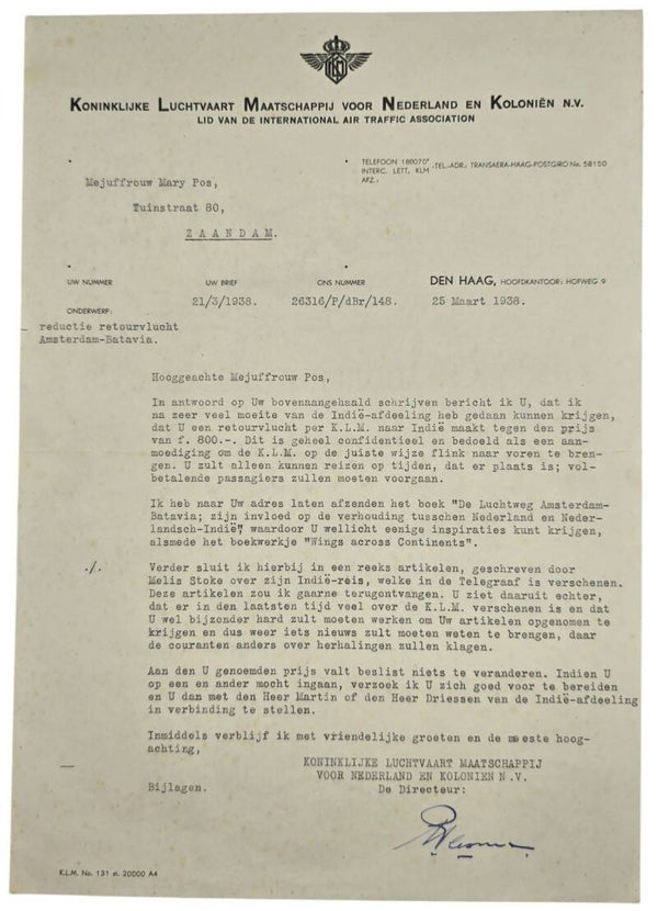 Document – Gesigneerde brief Albert Plesman aan Many Pos betreffende reductie KLM retourvlucht Amsterdam–Batavia (1938)