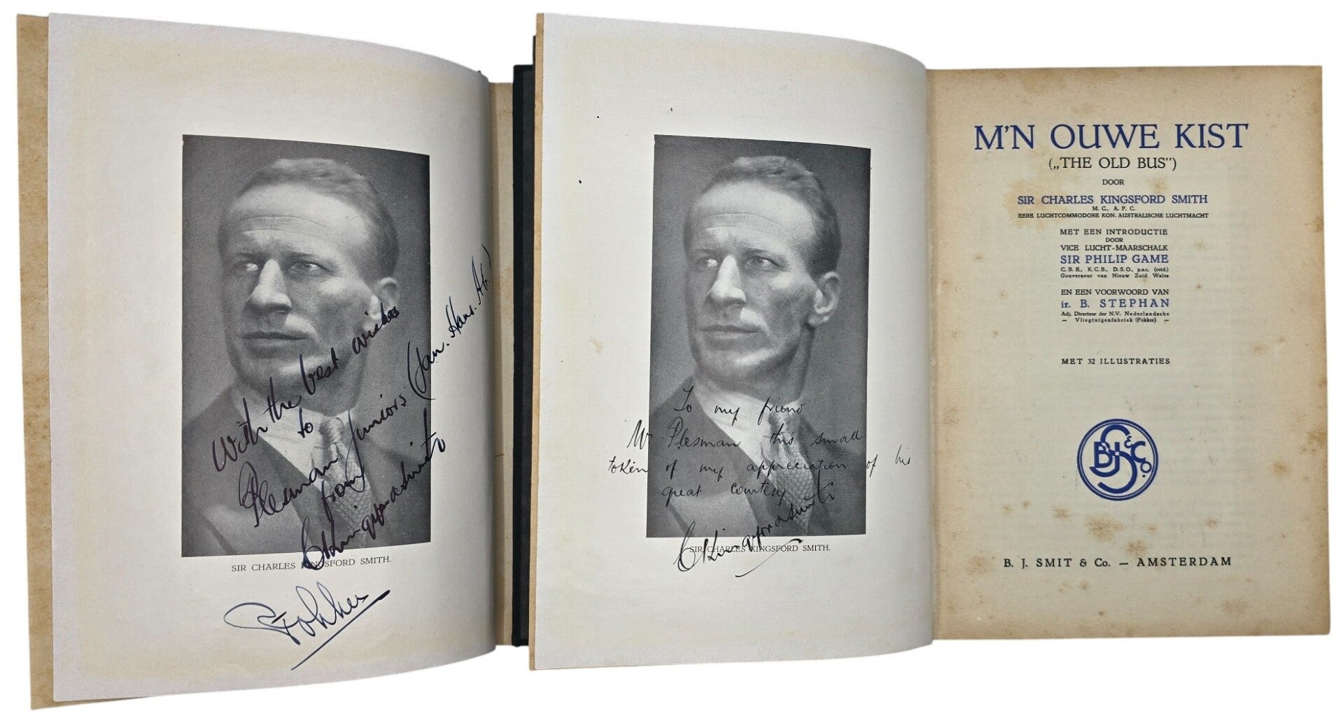 Boek – Gesigneerde boekenset M'n ouwe kist, Kingsford Smith, Anthony Fokker aan de familie Plesman (1930)