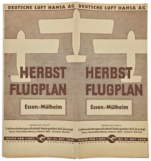 Flyer - Deutsche Luft Hansa AG Herbst Flugplan Essen/Mülheim (1930)