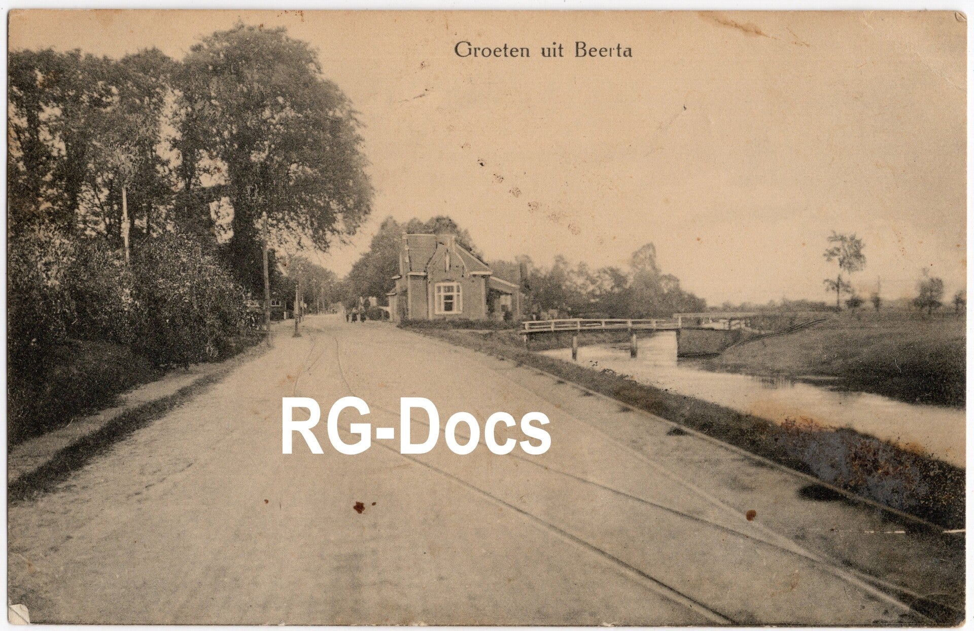 Ansichtkaart - Briefkaart Dorpsgezicht Beerta - Met tramrails en brug, Groningen (1913)