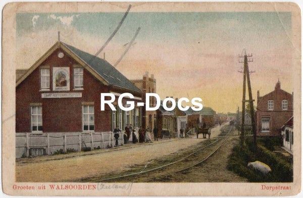 Ansichtkaart - Briefkaart Dorpstraat Walsoorden, Tram Station Koffiehuis, Zeeland (1915)