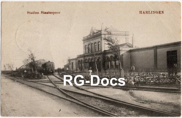 Ansichtkaart - Briefkaart Station Staatsspoor Harlingen met Stoomtram, Friesland (1929)