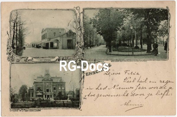 Ansichtkaart - Briefkaart gezichten Enschede - Trein Station, Overijssel (ca. 1910)