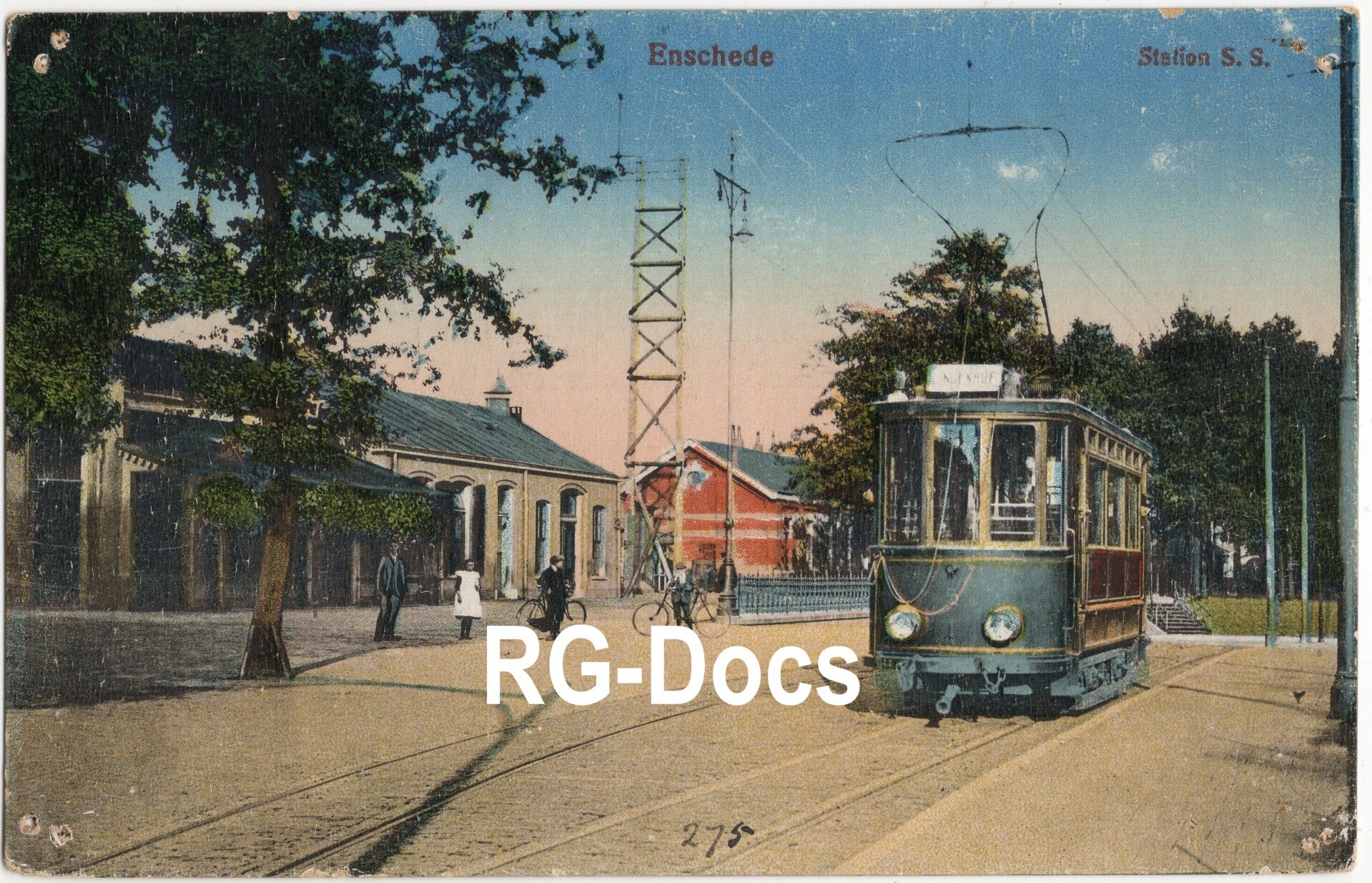 Ansichtkaart - Briefkaart Enschede, Trein Station S.S. met tram (±1915)