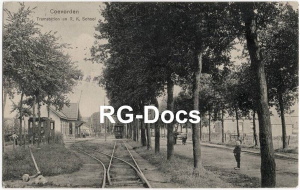 Ansichtkaart - Briefkaart Tram Tramstation Coevorden - Tramstation en R. K. School, Drenthe (1911)