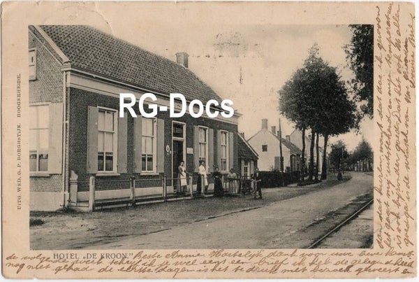 Ansichtkaart - Briefkaart Straatbeeld met Hotel De Kroon Hoogerheide - Tramrails, Noord-Brabant (1904)