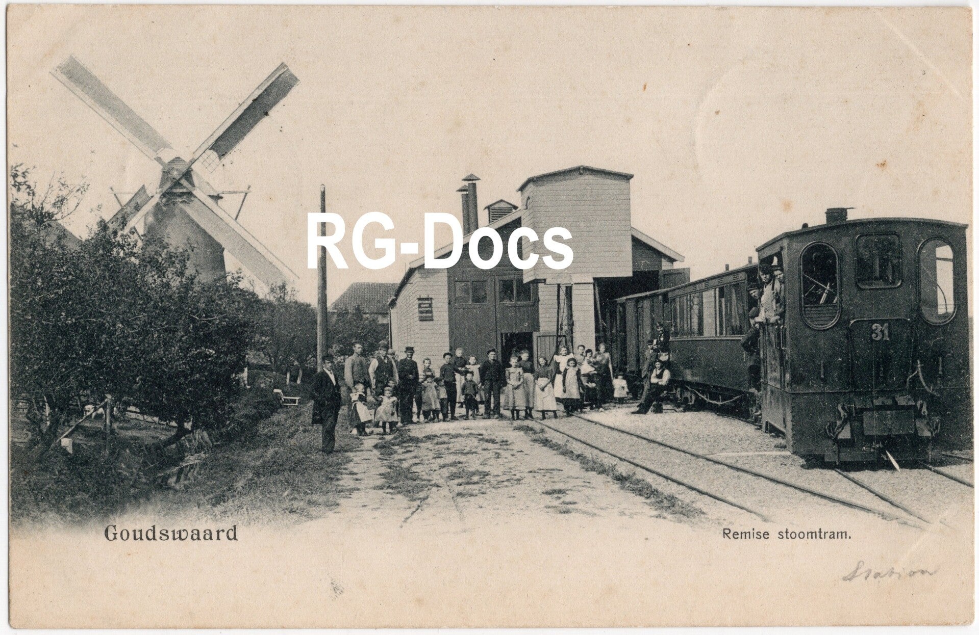 Ansichtkaart - Briefkaart Stoomtram Remise Goudswaard - Tram 31 en molen, Zuid-Holland (1904)