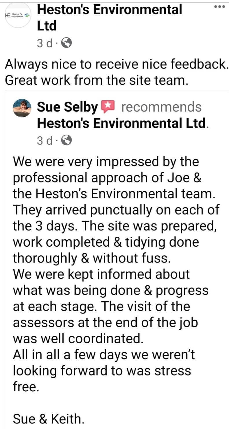 Customer feedback from asbestos removal works carried out in Yorkshire