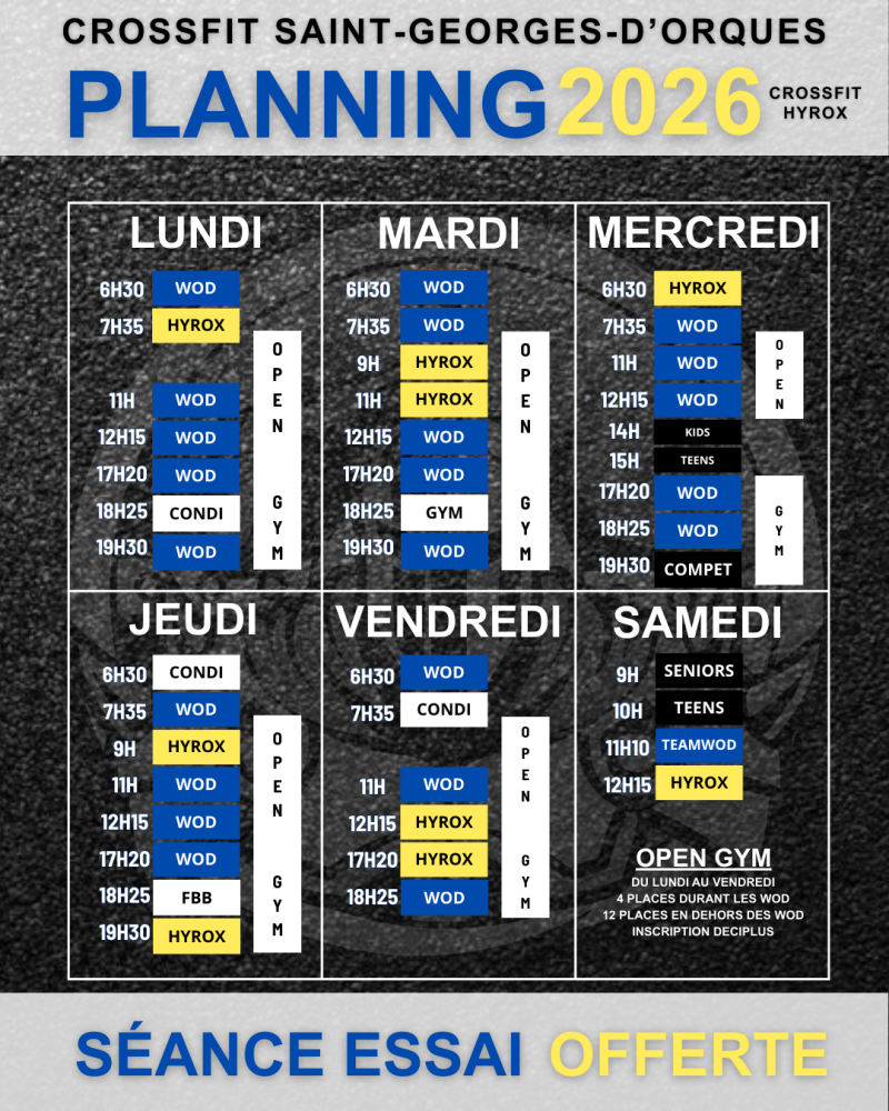 Planning CrossFit HYROX Montpellier Sport Fitness Juvignac Montarnaud Saint Georges d'Orques
