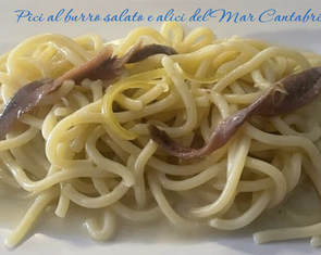 Pici al burro salato e alici del Mar Cantabrico