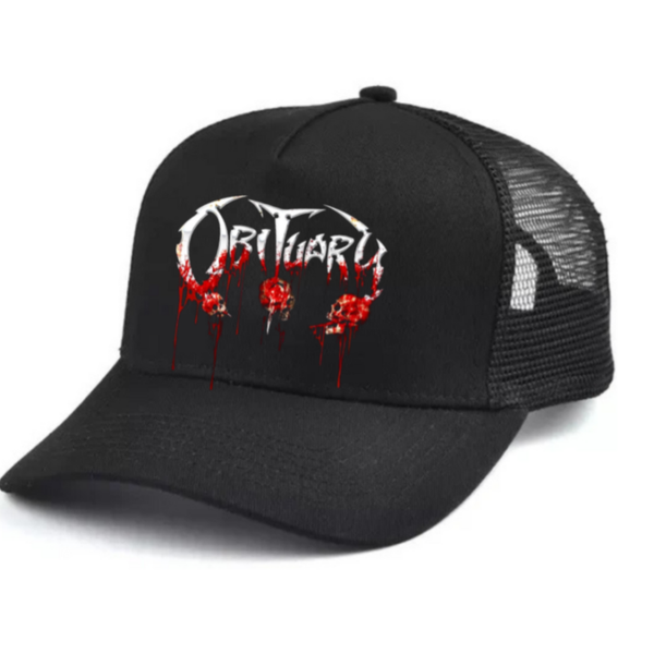 Obituary Black and white trucker hat mesh cap Music, Birthday Gift one size
