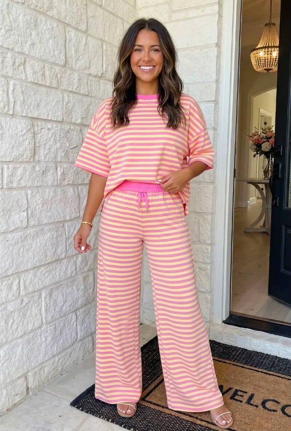 Pink stripe 2pc loose pullover top pant set