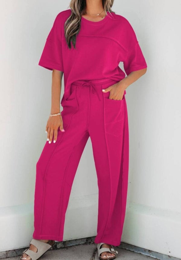 Rose red boxy tee and pant set