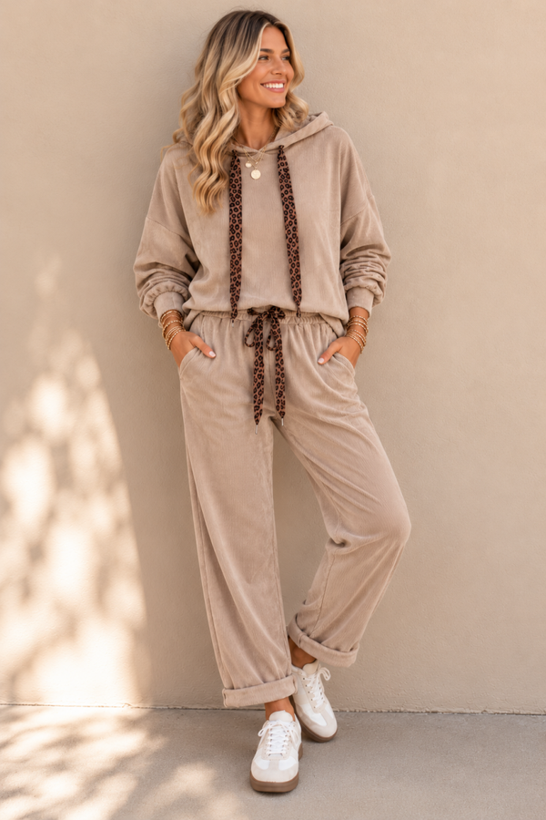 Khaki corduroy leopard drawstring hoodie and pant set