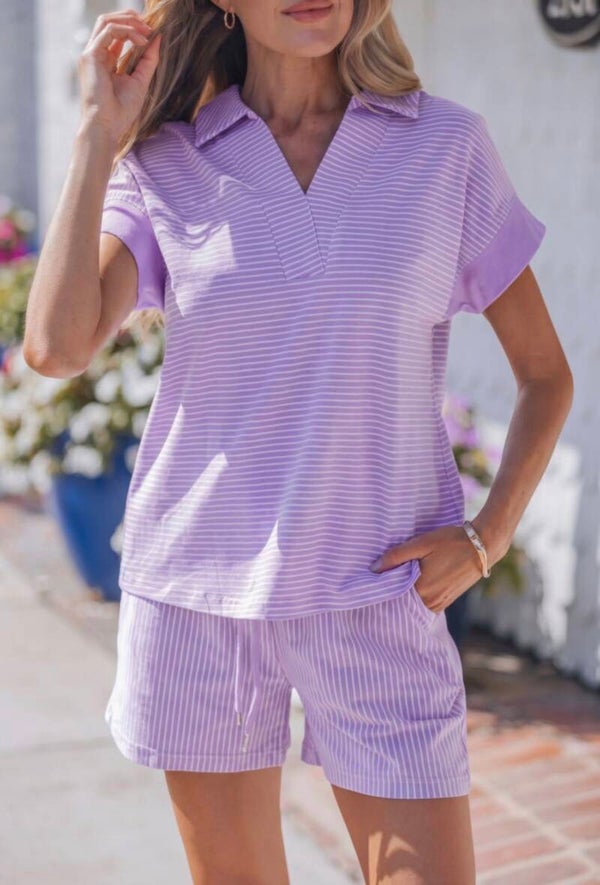 Purple Striped Dolman Sleeve 2pc Short set