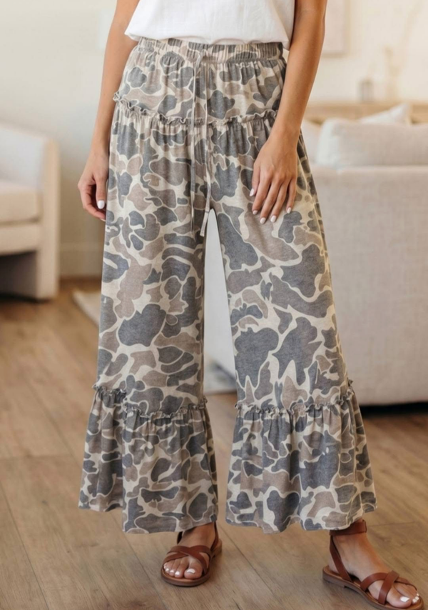 Camo wide leg ruffle pants