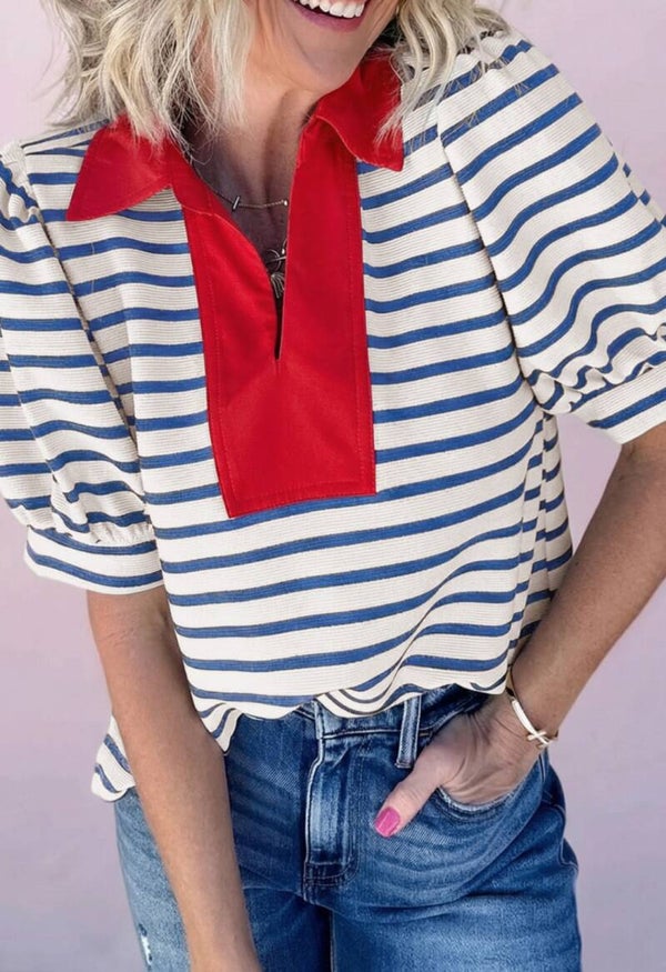 Blue striped short puff sleeve collar blouse