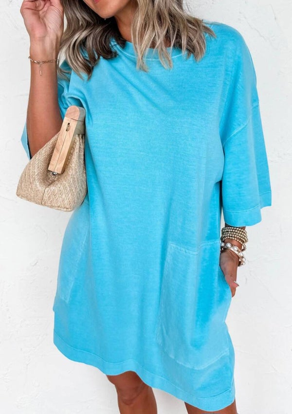Sapphire blue drop shoulder casual tshirt dress