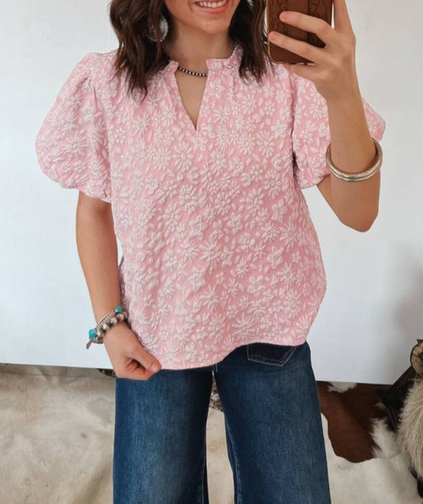 Pink floral textured jacquard puff sleeve blouse