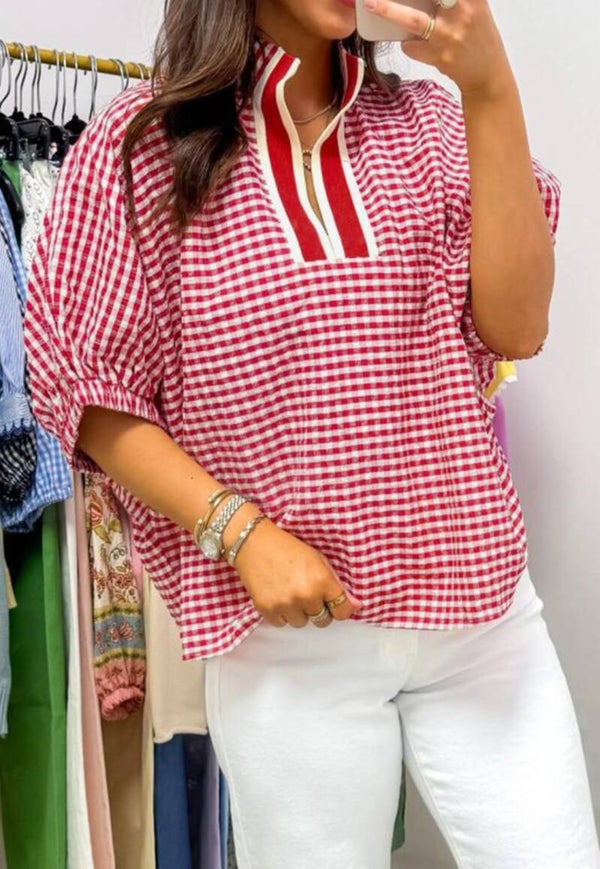 Red plaid short sleeve top
