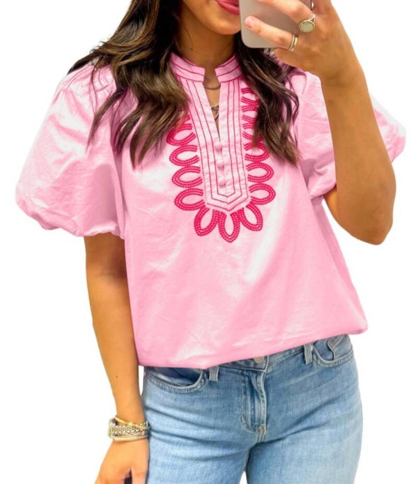Pink boho embroidered detail puff sleeve top
