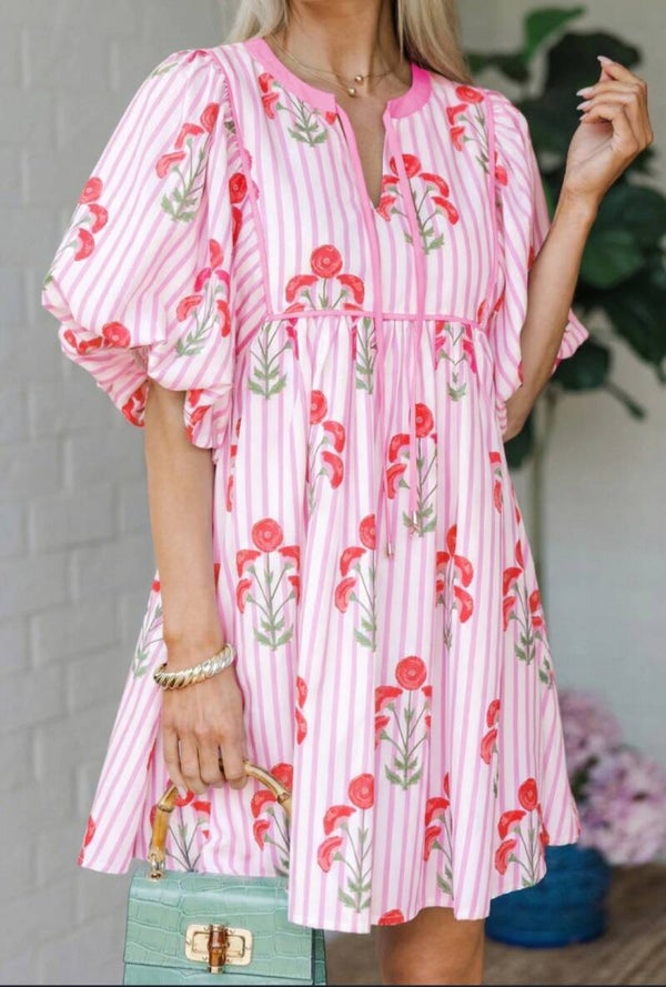 Pink floral striped print dress