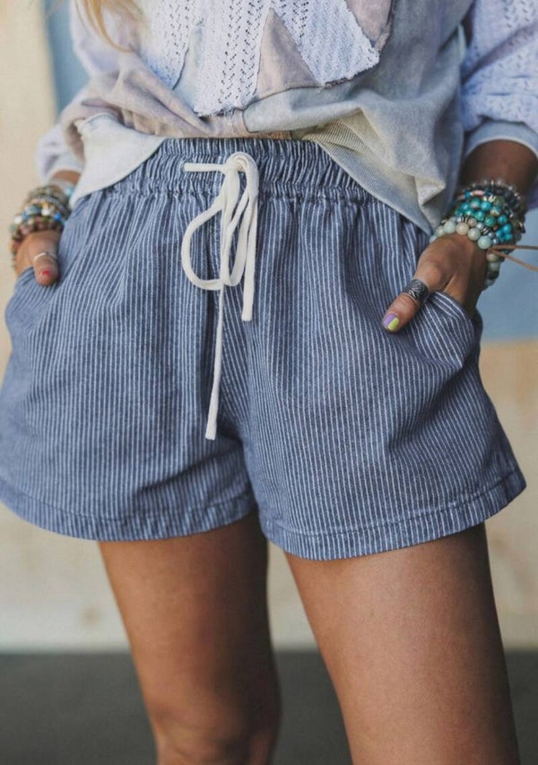 Dark blue stripe drawstring elastic waist denim shorts