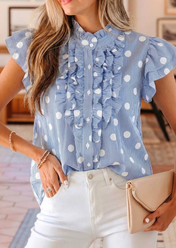 Blue stripe contrast polka dot print pleated ruffle sleeve top